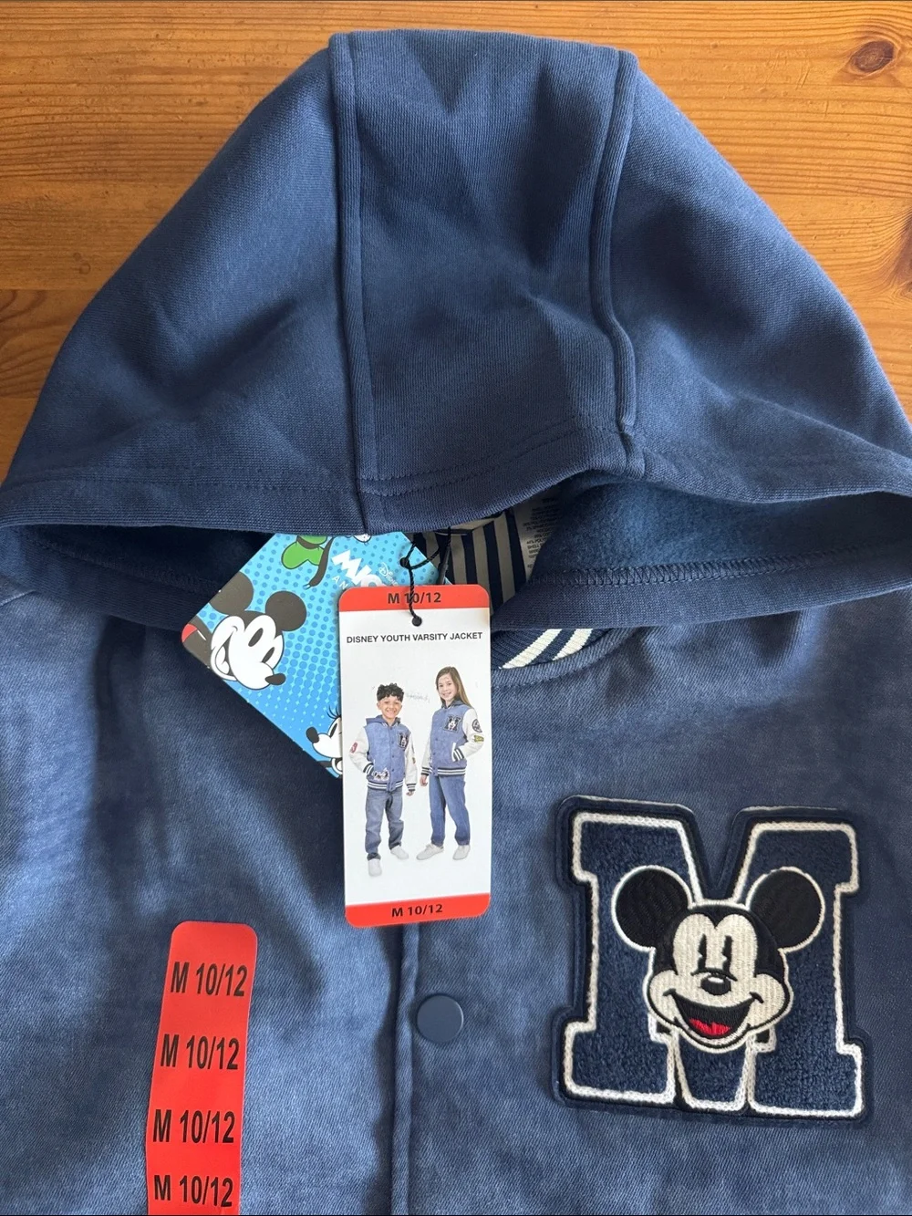 Disney Navy & White Mickey Youth Varsity Hooded Jacket with Embroidery Patches